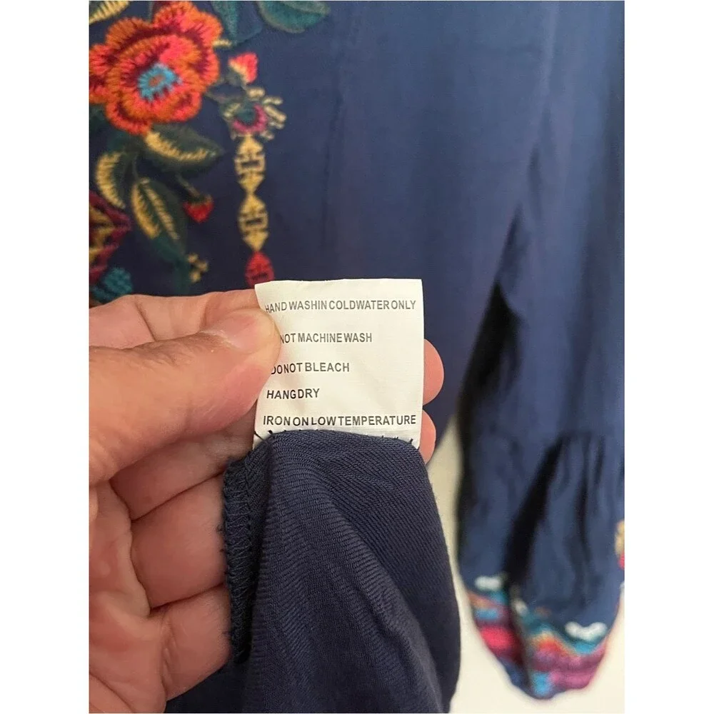 Anthropologie Solitaire Embroidered Blue Long Sleeve Tunic Dress Size Medium
